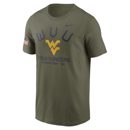 Medium olive Nike WVU short sleeve tee with WVU arched over the Flying WV Logo over Mountaineers over Morgantown WV full front screen print and military style United States flag on right sleeve